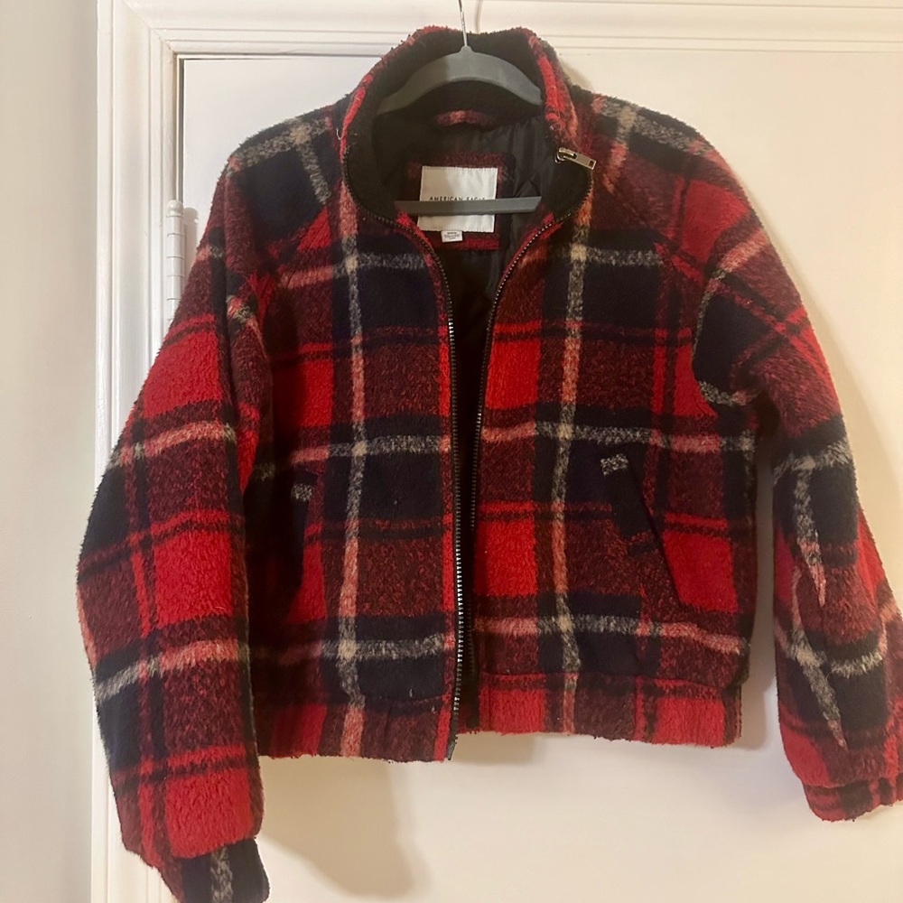 American Eagle navy and red plaid cropped jacket, medium
